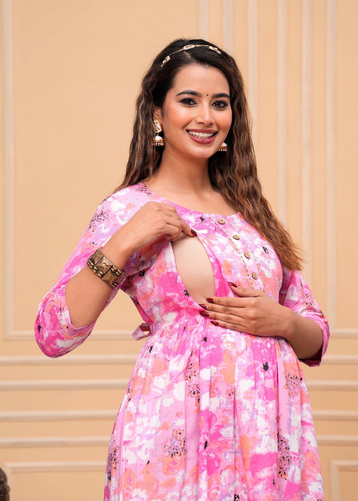 New Exclusive Cotton Cambric Floral Printed With Zip Design Maternity Gawn