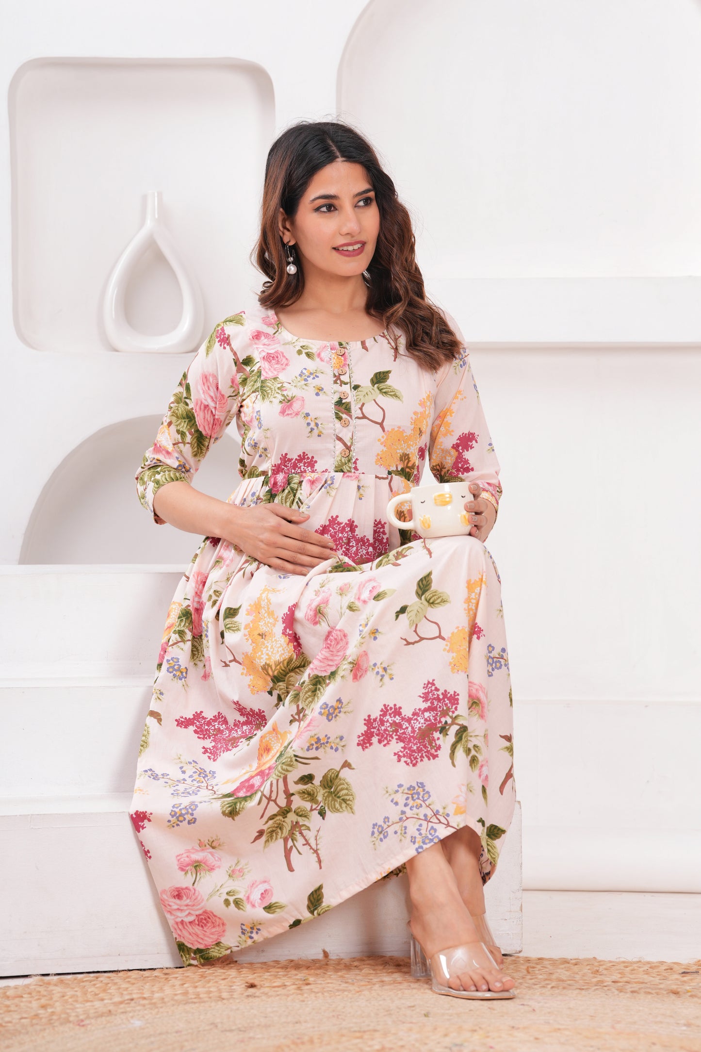 New Exclusive Cotton Cambric Floral Printed With Zip Design Maternity Gawn