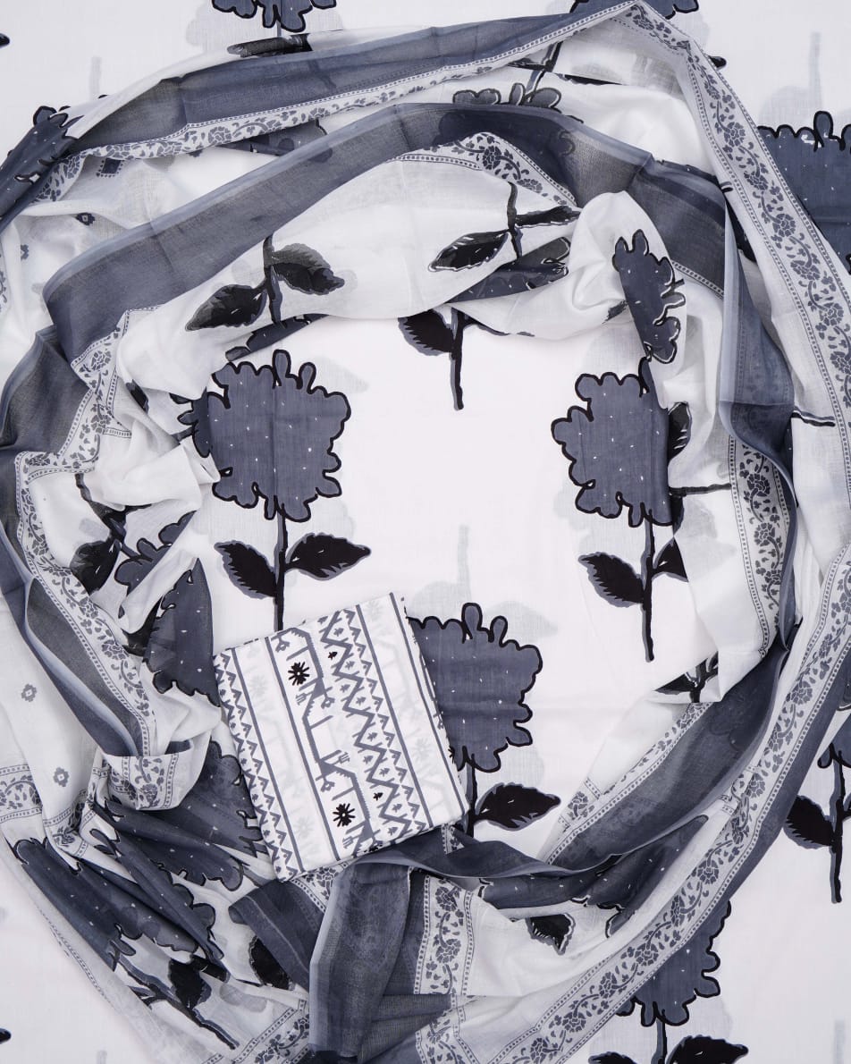 Hand Printed Unstiched Cotton Suit With Mulmul Dupatta