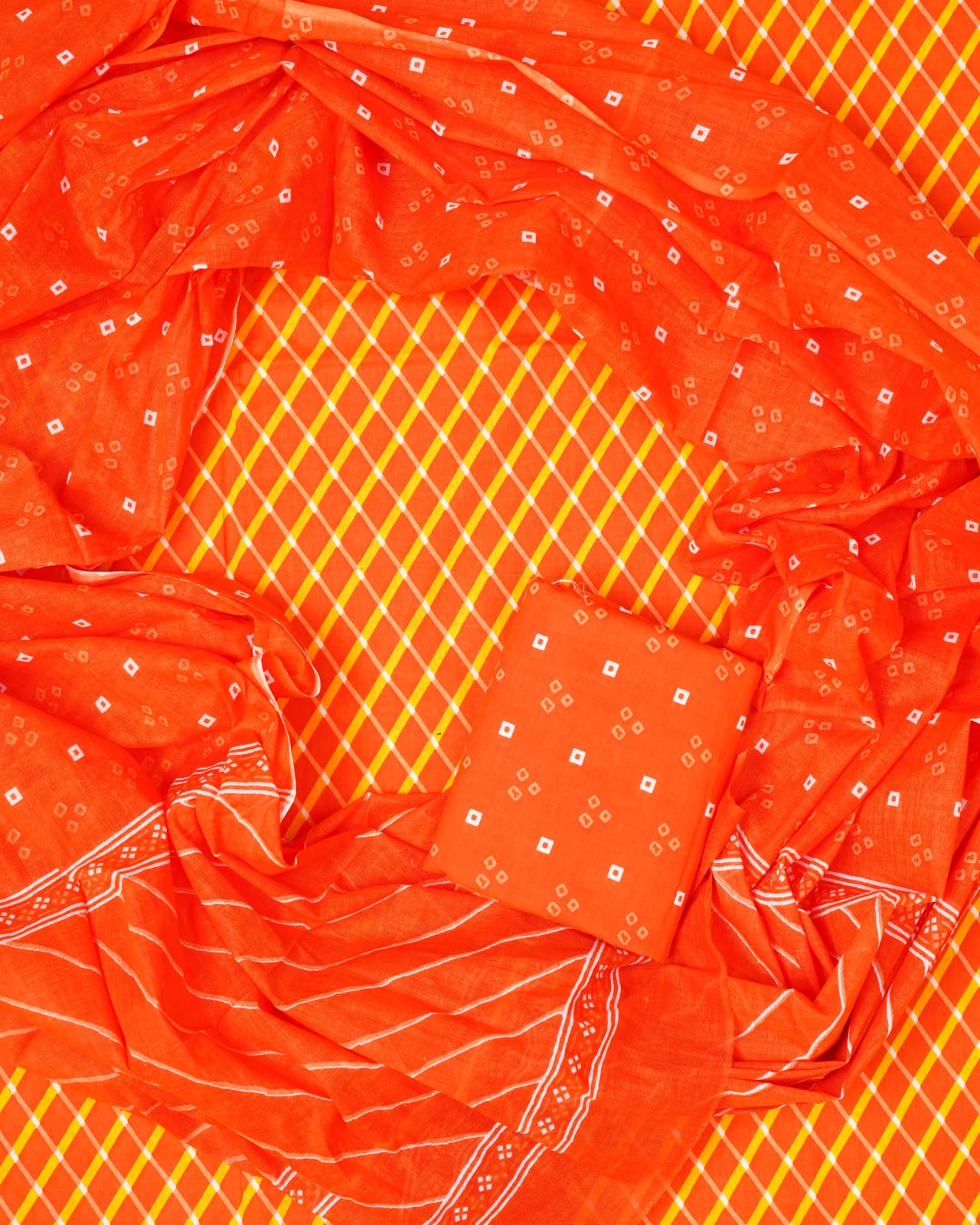 Hand Printed Unstiched Cotton Suit With Mulmul Dupatta