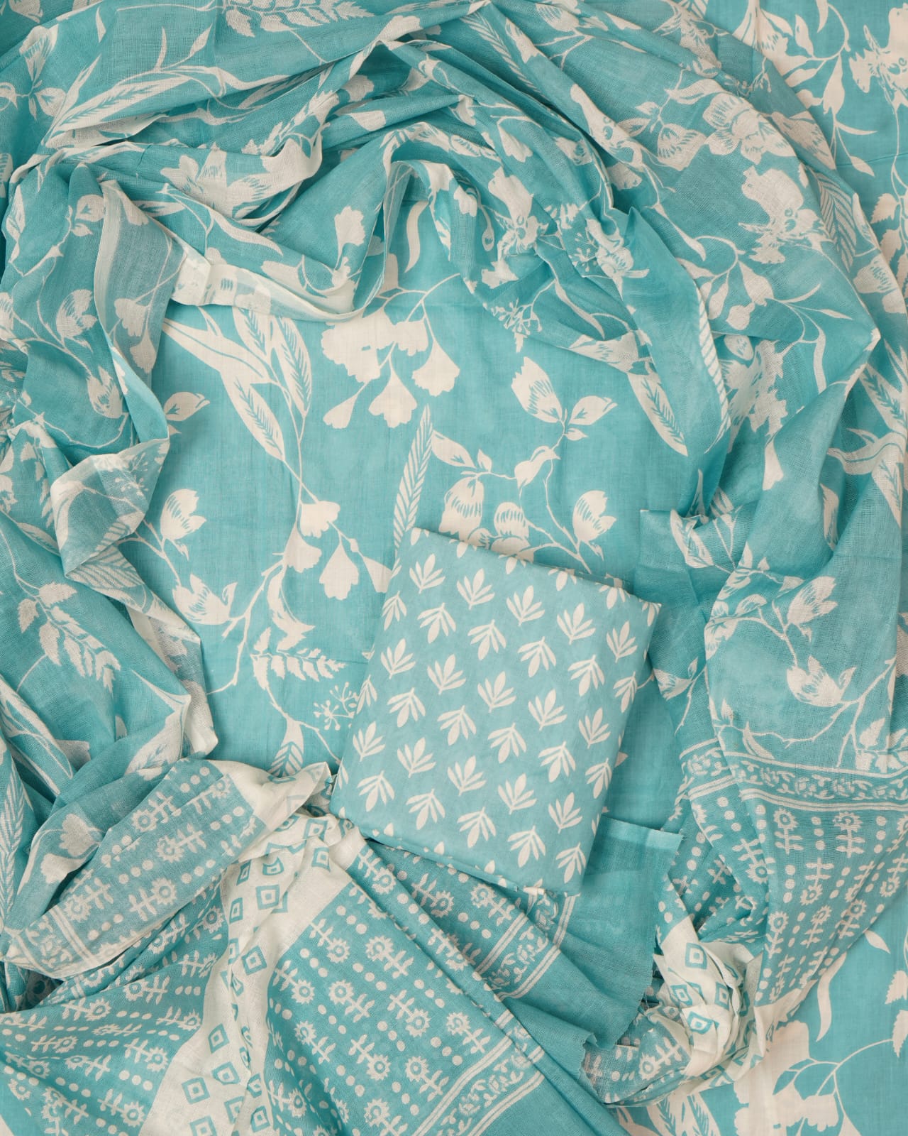 Hand Printed Unstiched Cotton Suit With Mulmul Dupatta
