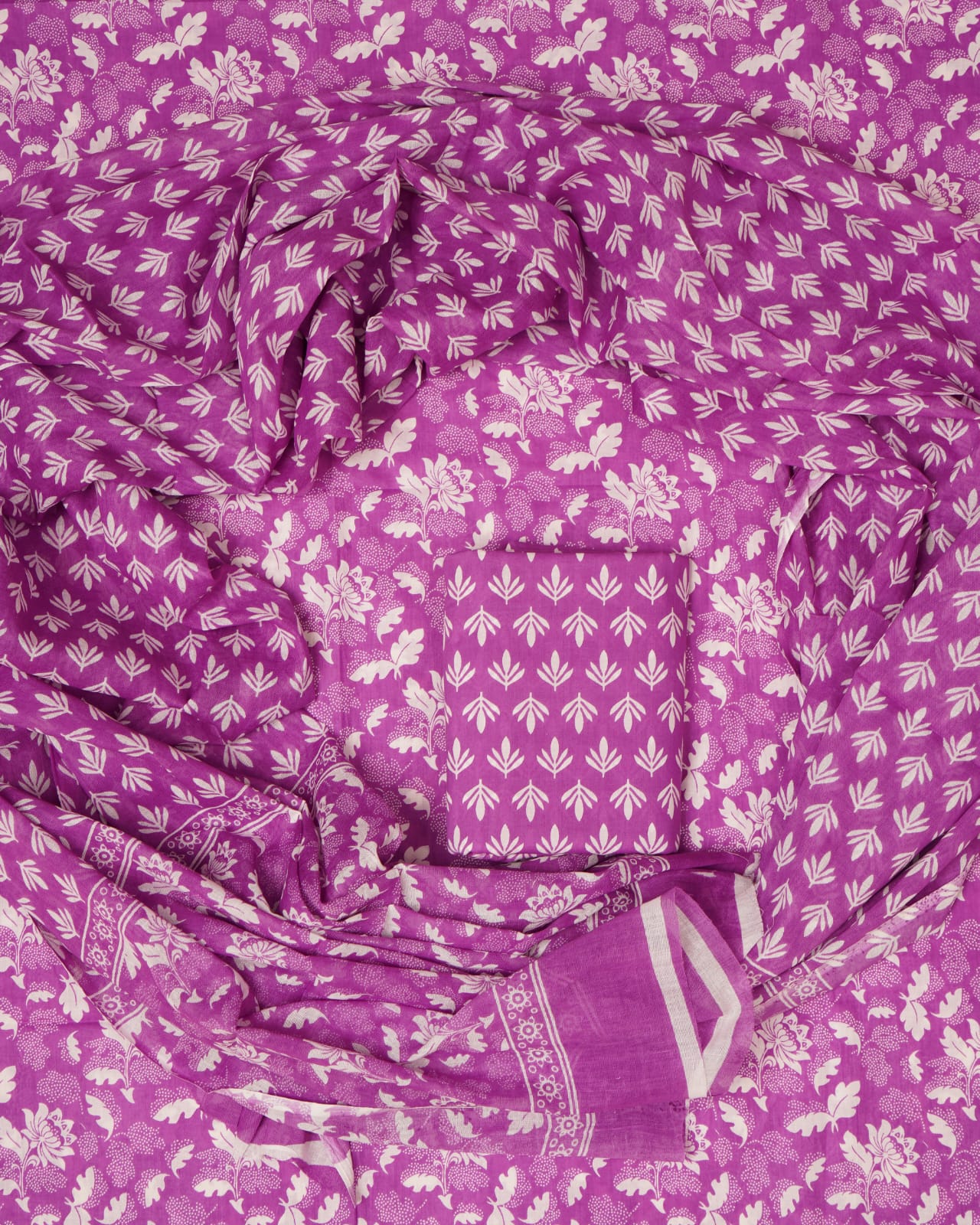 Hand Printed Unstiched Cotton Suit With Mulmul Dupatta