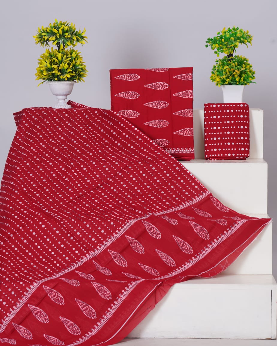 Hand Printed Unstiched Cotton Suit With Mulmul Dupatta