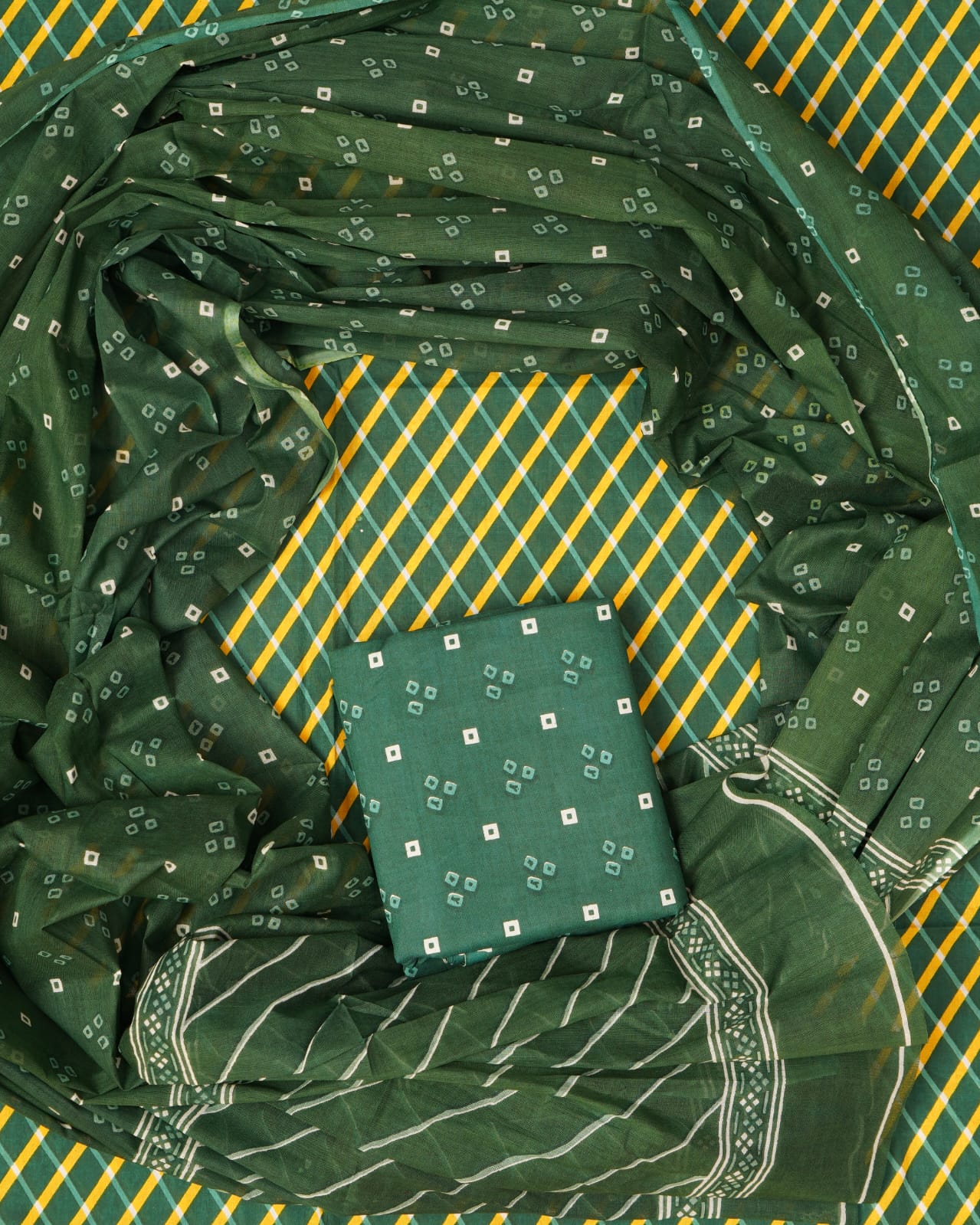 Hand Printed Unstiched Cotton Suit With Mulmul Dupatta