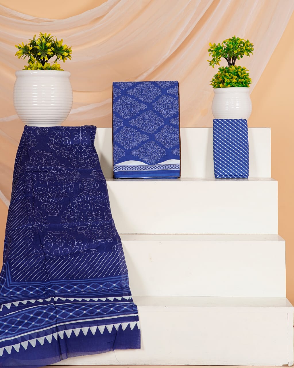 Hand Printed Unstiched Cotton Suit With Mulmul Dupatta