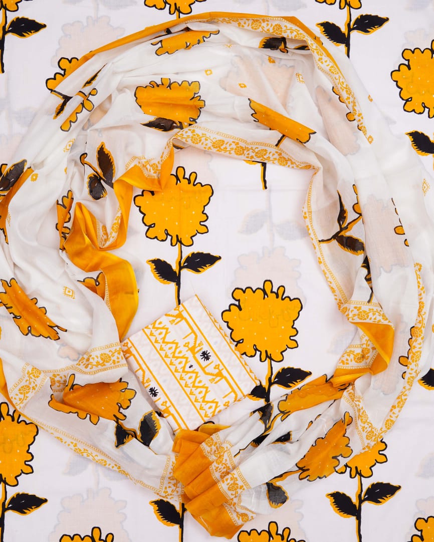Hand Printed Unstiched Cotton Suit With Mulmul Dupatta