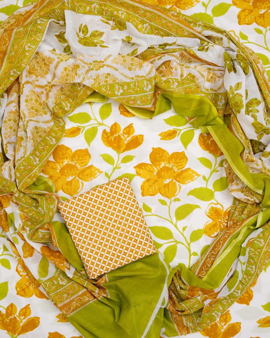 Hand Printed Unstiched Cotton Suit With Mulmul Dupatta
