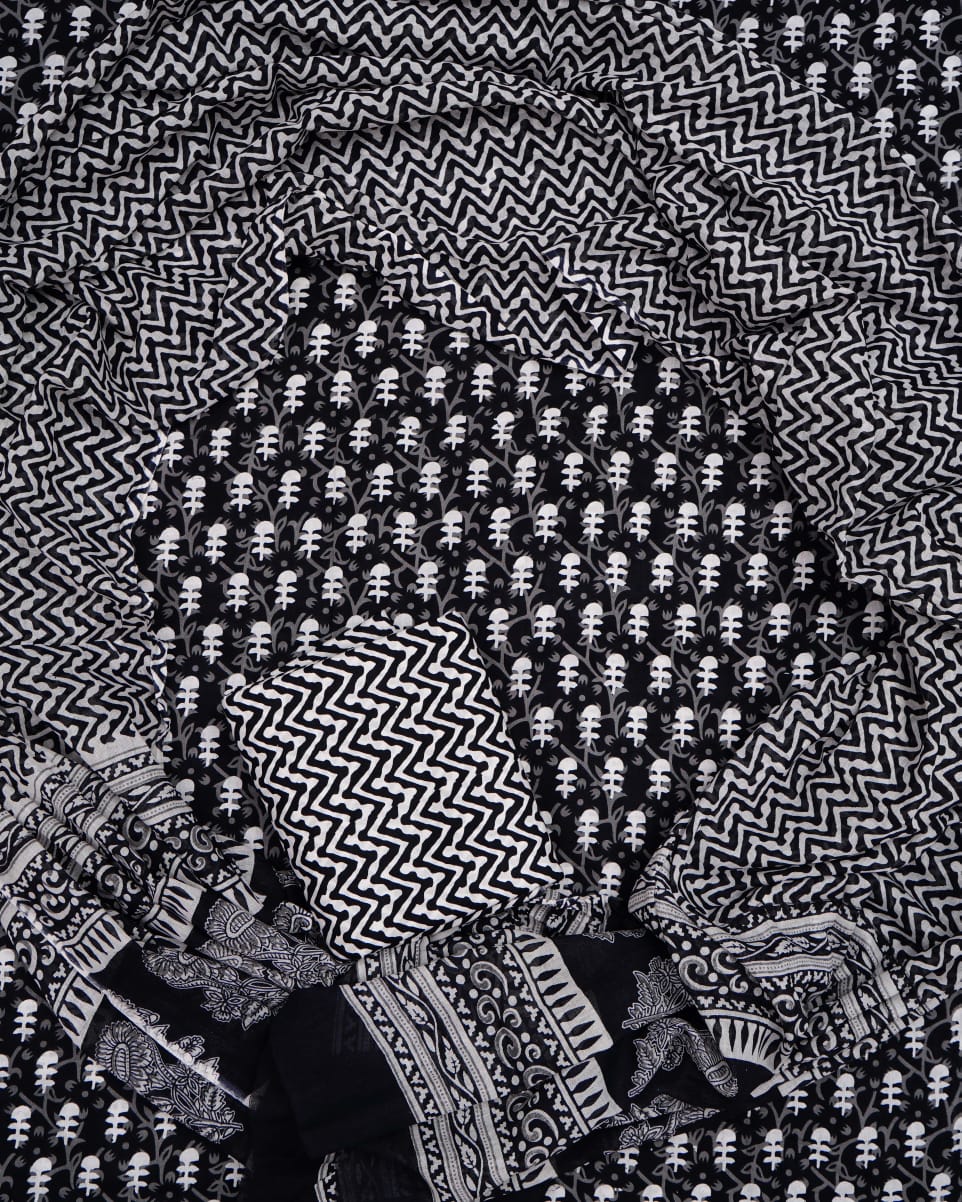 Hand Printed Unstiched Cotton Suit With Mulmul Dupatta