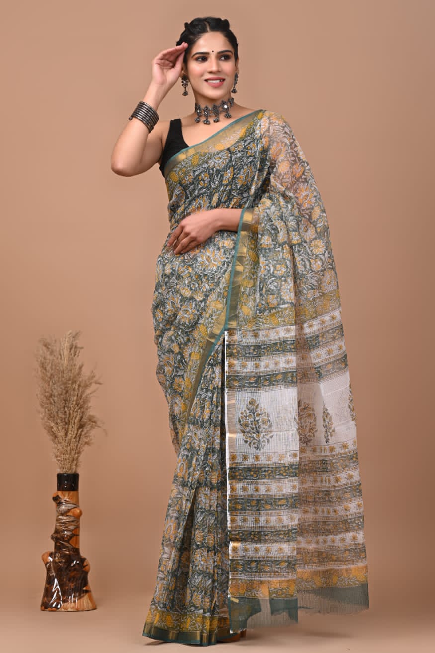 Pure Kota Doria Saree (5.5 Mtr) With Unstiched Blouse Piece (80 CM)