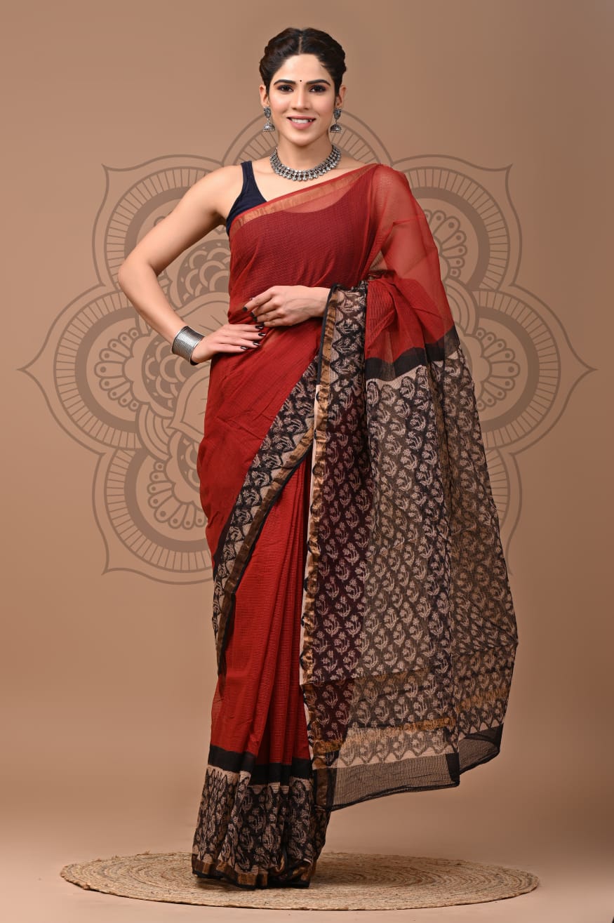 Pure Kota Doria Saree (5.5 Mtr) With Unstiched Blouse Piece (80 CM)
