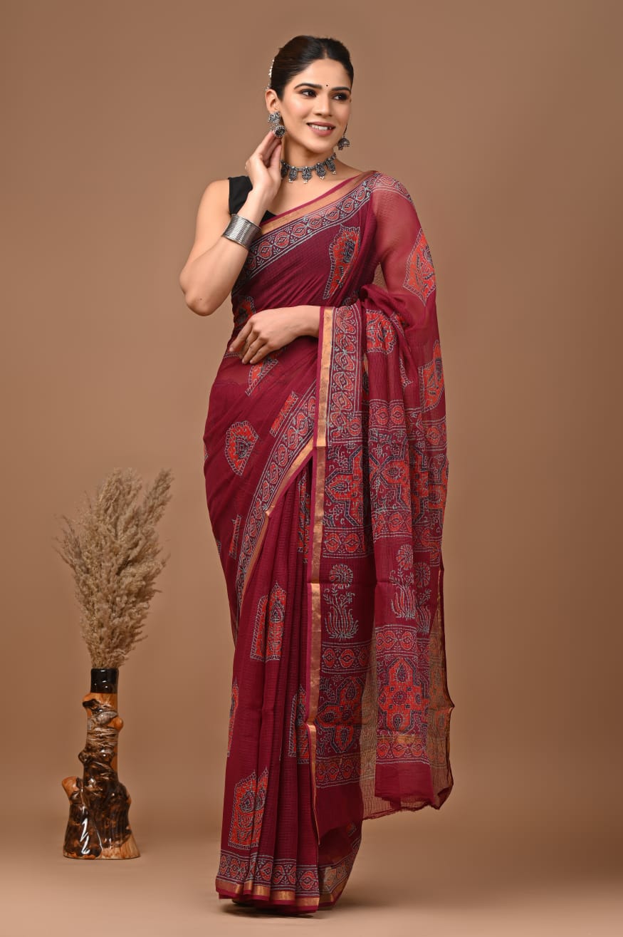 Pure Kota Doria Saree (5.5 Mtr) With Unstiched Blouse Piece (80 CM)