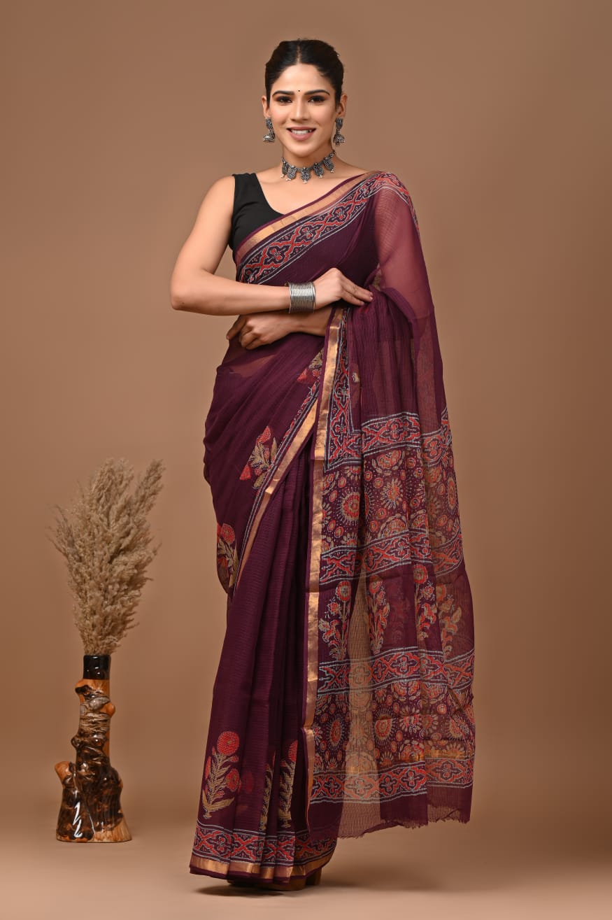 Pure Kota Doria Saree (5.5 Mtr) With Unstiched Blouse Piece (80 CM)