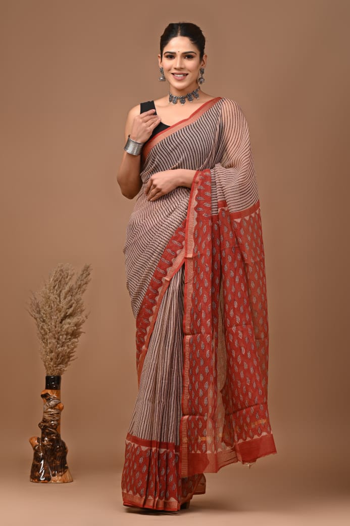 Pure Kota Doria Saree (5.5 Mtr) With Unstiched Blouse Piece (80 CM)