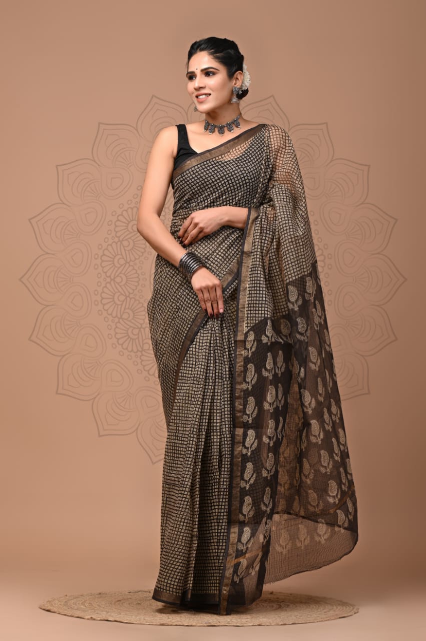 Pure Kota Doria Saree (5.5 Mtr) With Unstiched Blouse Piece (80 CM)