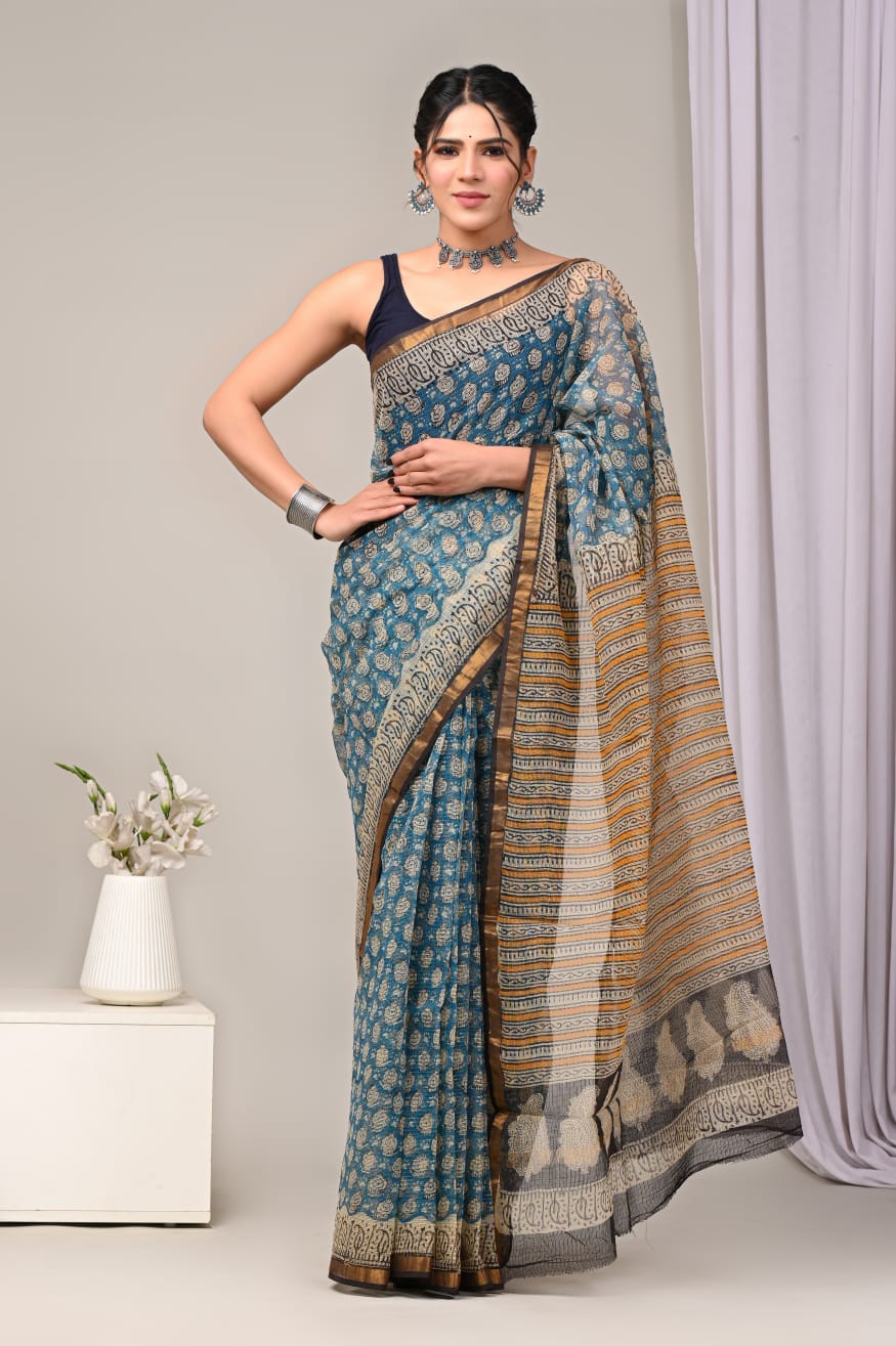 Pure Kota Doria Saree (5.5 Mtr) With Unstiched Blouse Piece (80 CM)