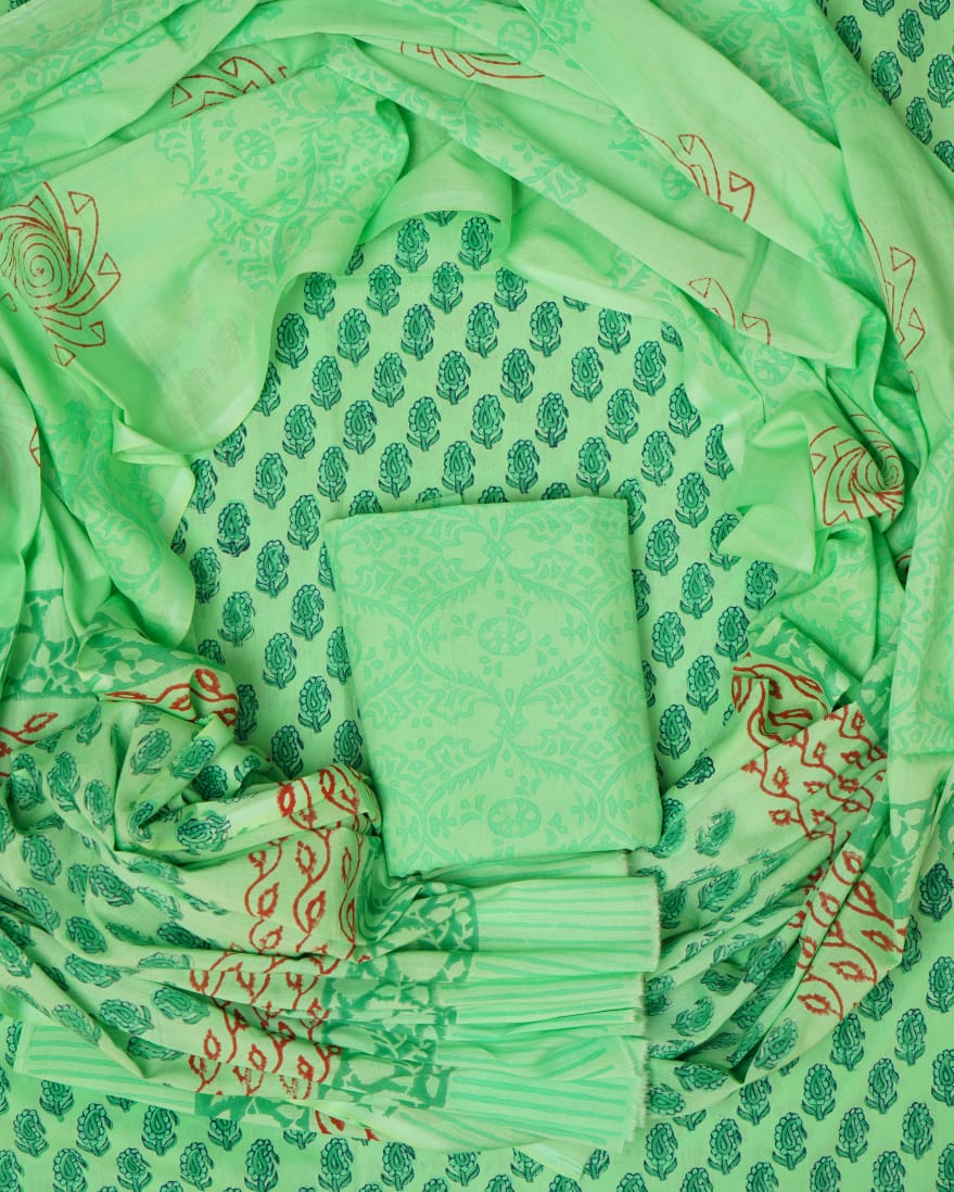 Hand Block Printed Unstiched Cotton Suit With Mulmul Dupatta