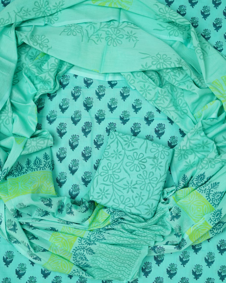 Hand Block Printed Unstiched Cotton Suit With Mulmul Dupatta