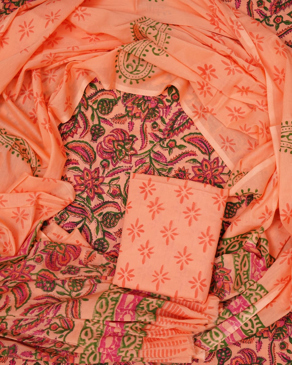 Hand Block Printed Unstiched Cotton Suit With Mulmul Dupatta