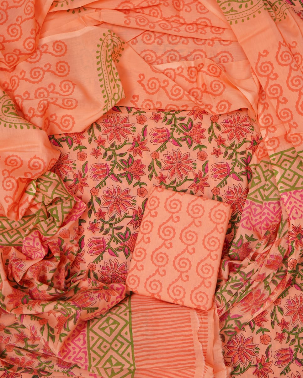 Hand Block Printed Unstiched Cotton Suit With Mulmul Dupatta