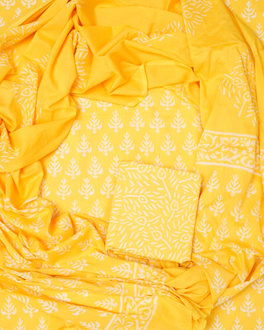 Hand Block Printed Unstiched Cotton Suit With Mulmul Dupatta