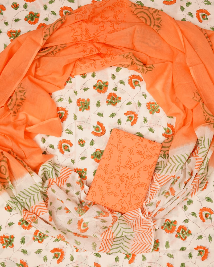 Hand Block Printed Unstiched Cotton Suit With Mulmul Dupatta