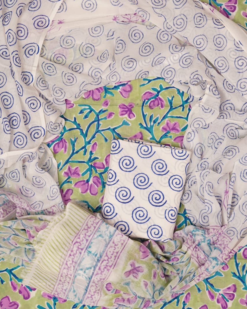 Hand Block Printed Unstiched Cotton Suit With Mulmul Dupatta