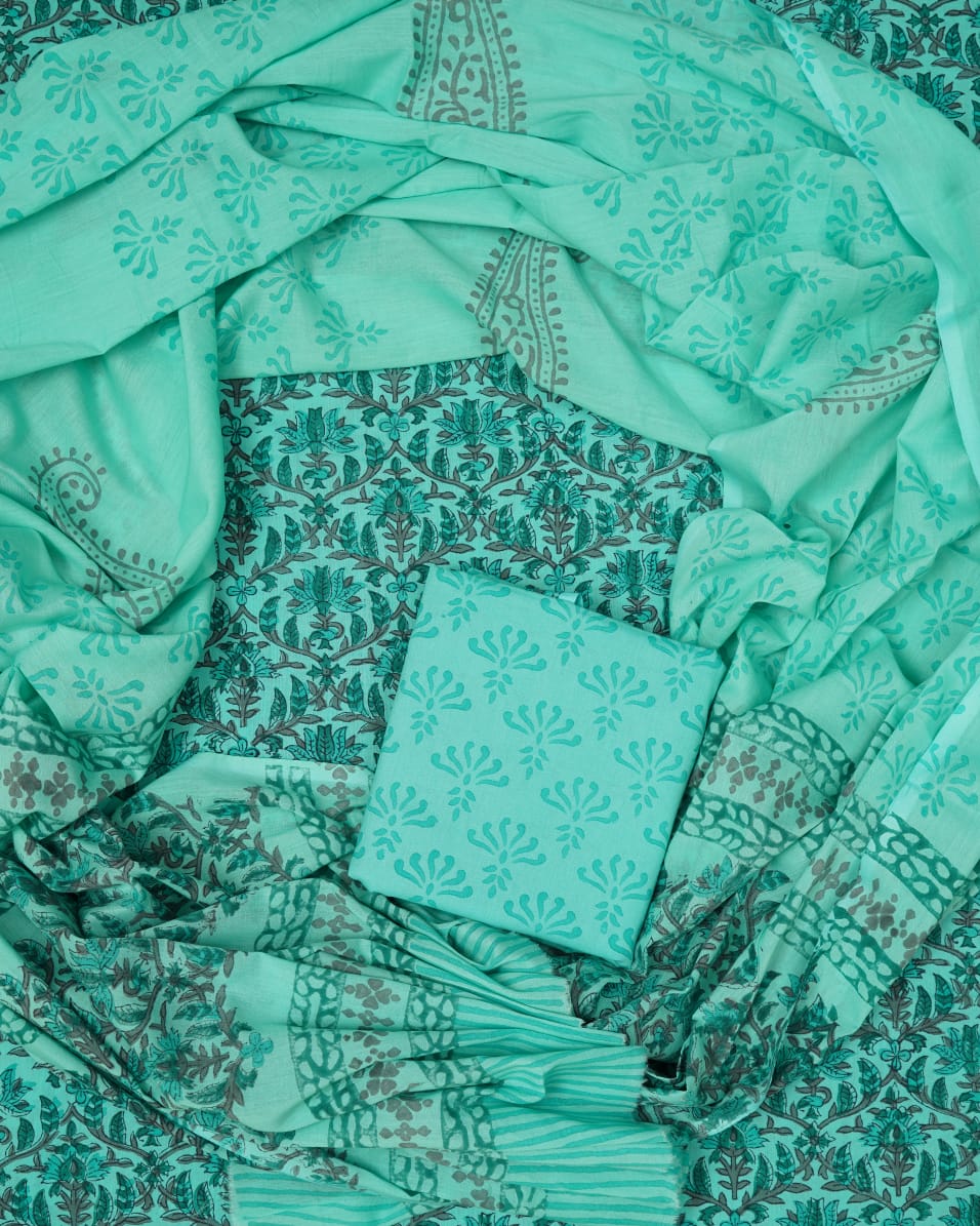 Hand Block Printed Unstiched Cotton Suit With Mulmul Dupatta