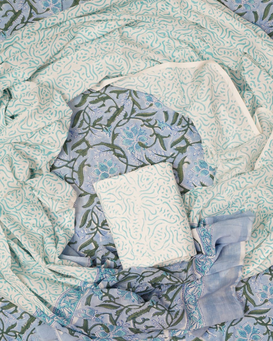 Hand Block Printed Unstiched Cotton Suit With Mulmul Dupatta