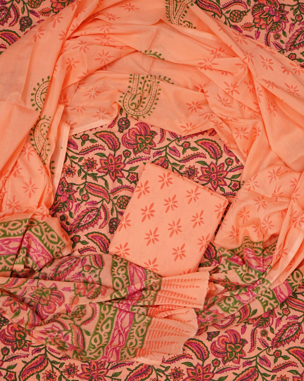 Hand Block Printed Unstiched Cotton Suit With Mulmul Dupatta