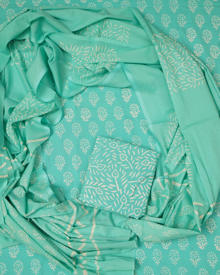 Hand Block Printed Unstiched Cotton Suit With Mulmul Dupatta