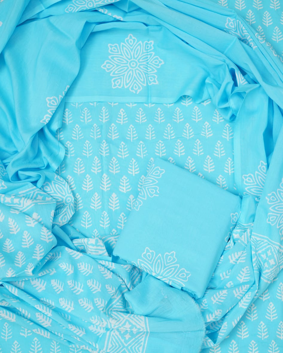 Hand Block Printed Unstiched Cotton Suit With Mulmul Dupatta