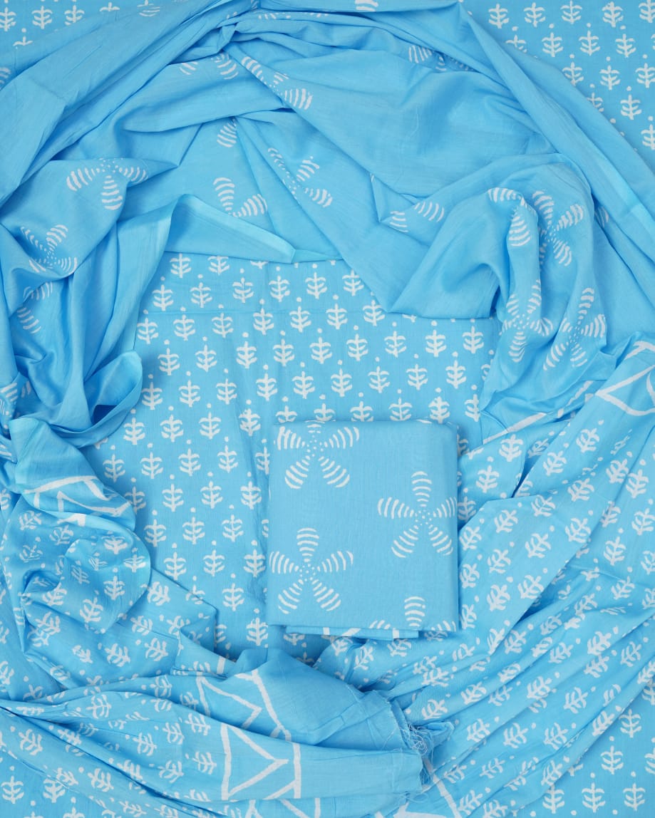 Hand Block Printed Unstiched Cotton Suit With Mulmul Dupatta