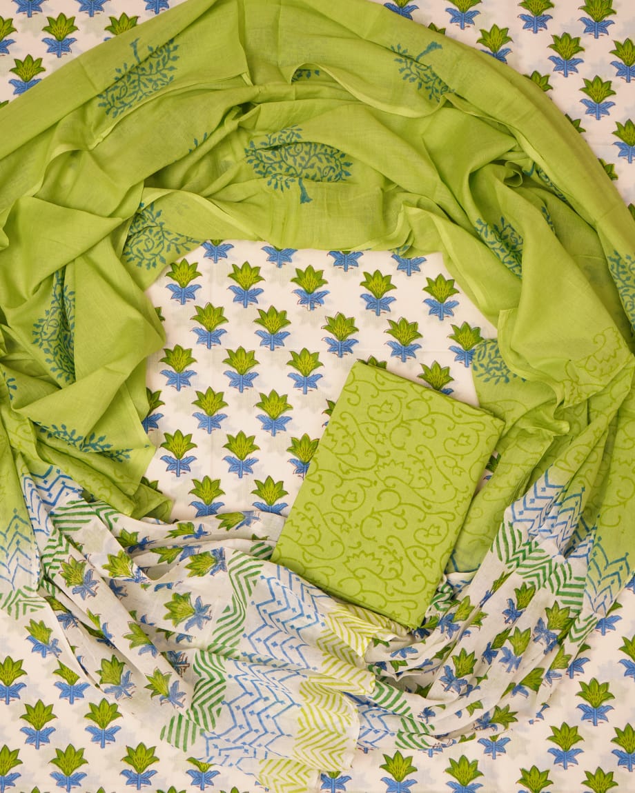Hand Block Printed Unstiched Cotton Suit With Mulmul Dupatta
