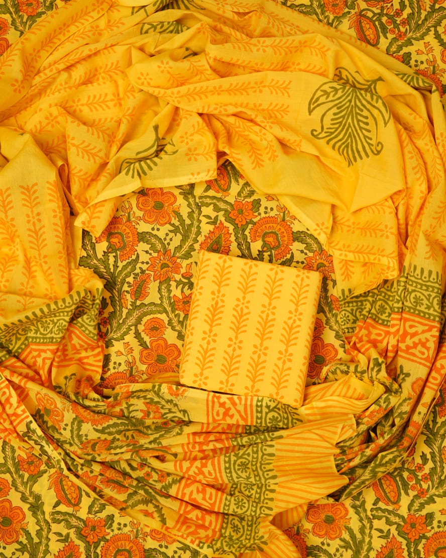 Hand Block Printed Unstiched Cotton Suit With Mulmul Dupatta