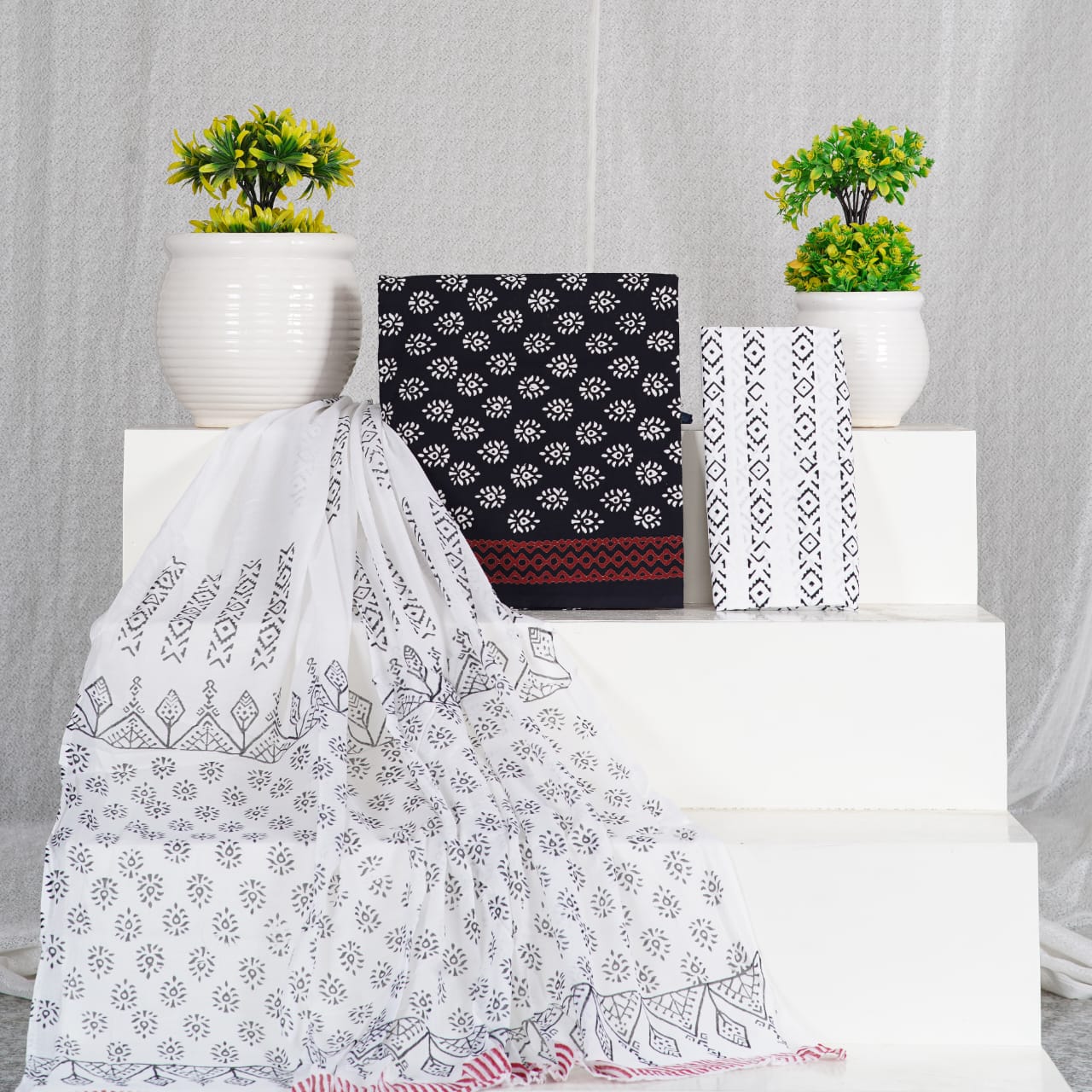 Hand Block Printed Unstiched Cotton Suit With Mulmul Dupatta