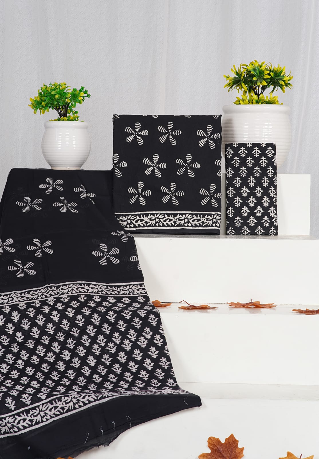 Hand Block Printed Unstiched Cotton Suit With Mulmul Dupatta