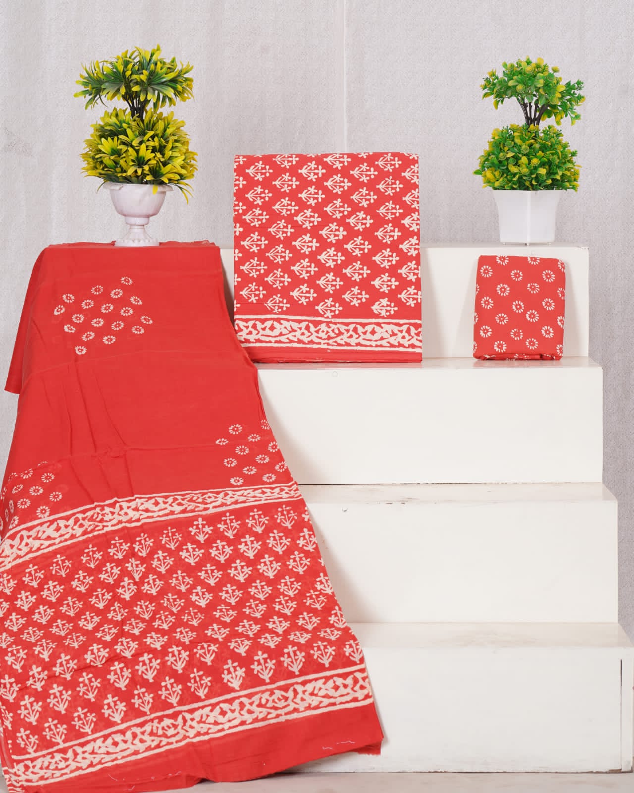 Hand Block Printed Unstiched Cotton Suit With Mulmul Dupatta