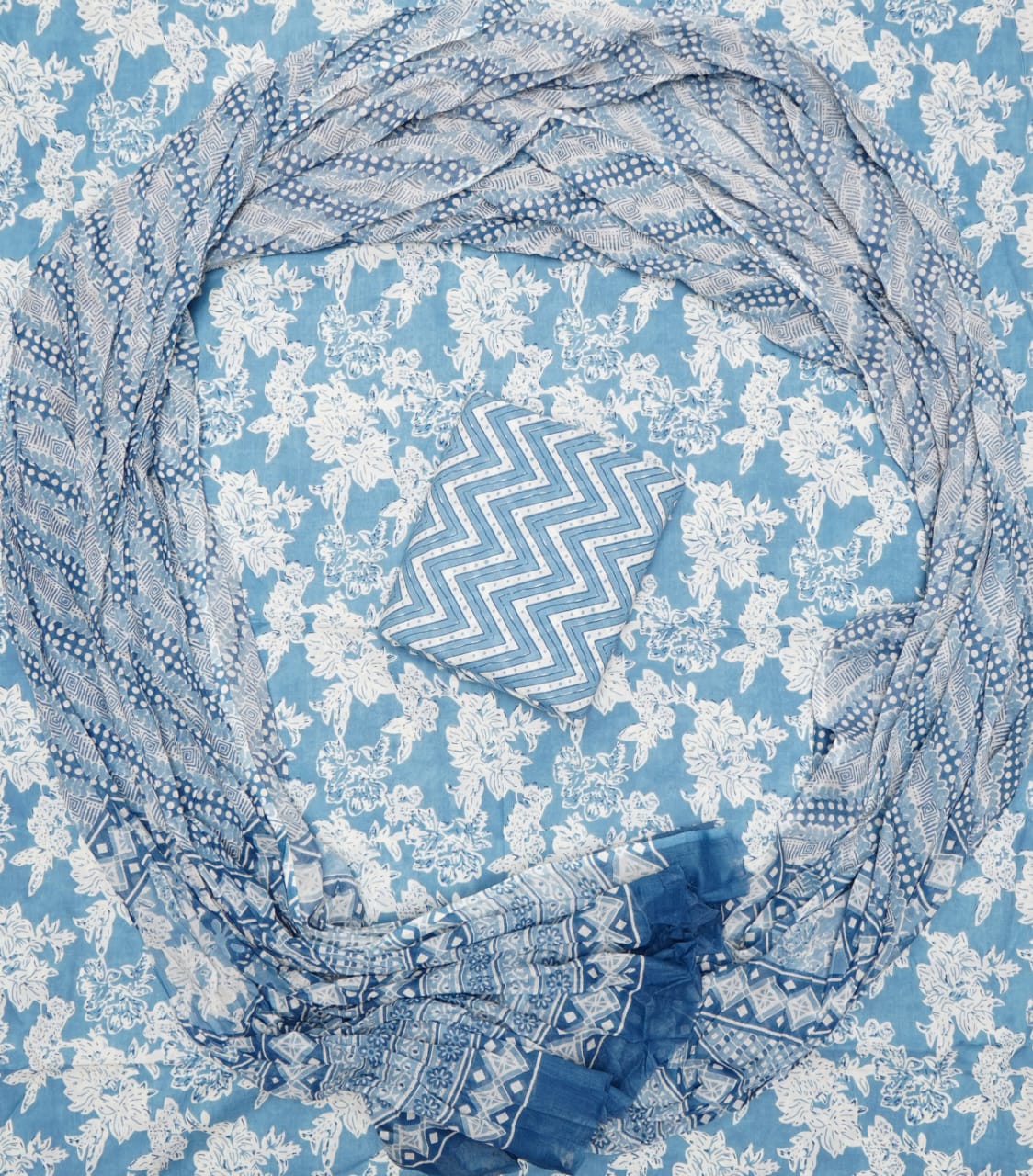 Hand Printed Unstiched Cotton Suit With Mulmul Dupatta