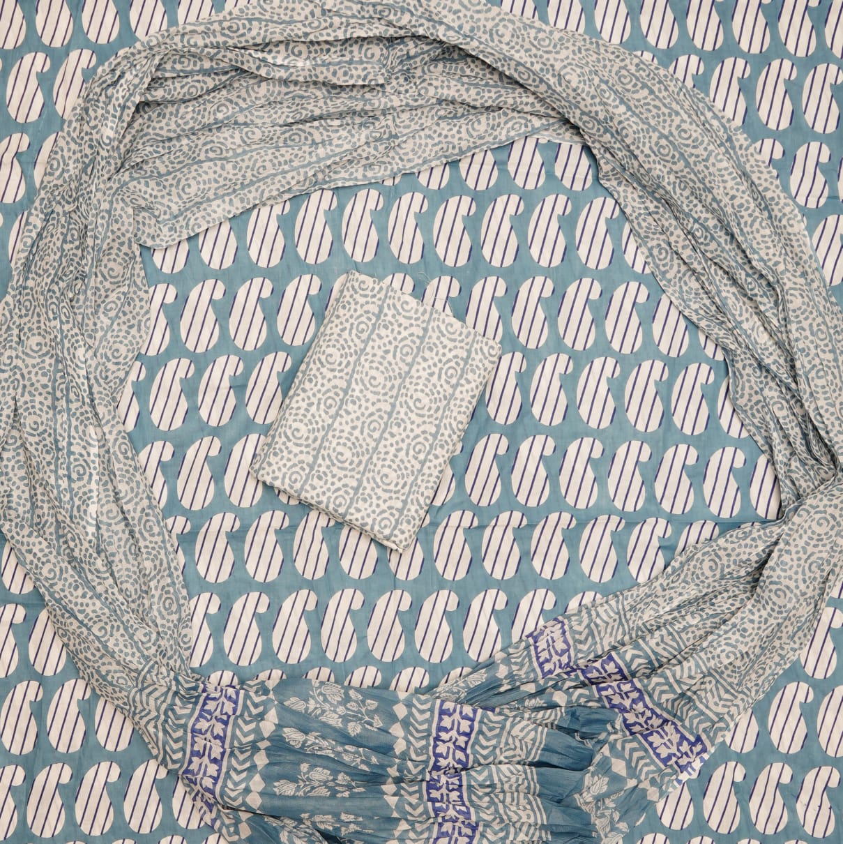 Hand Printed Unstiched Cotton Suit With Mulmul Dupatta