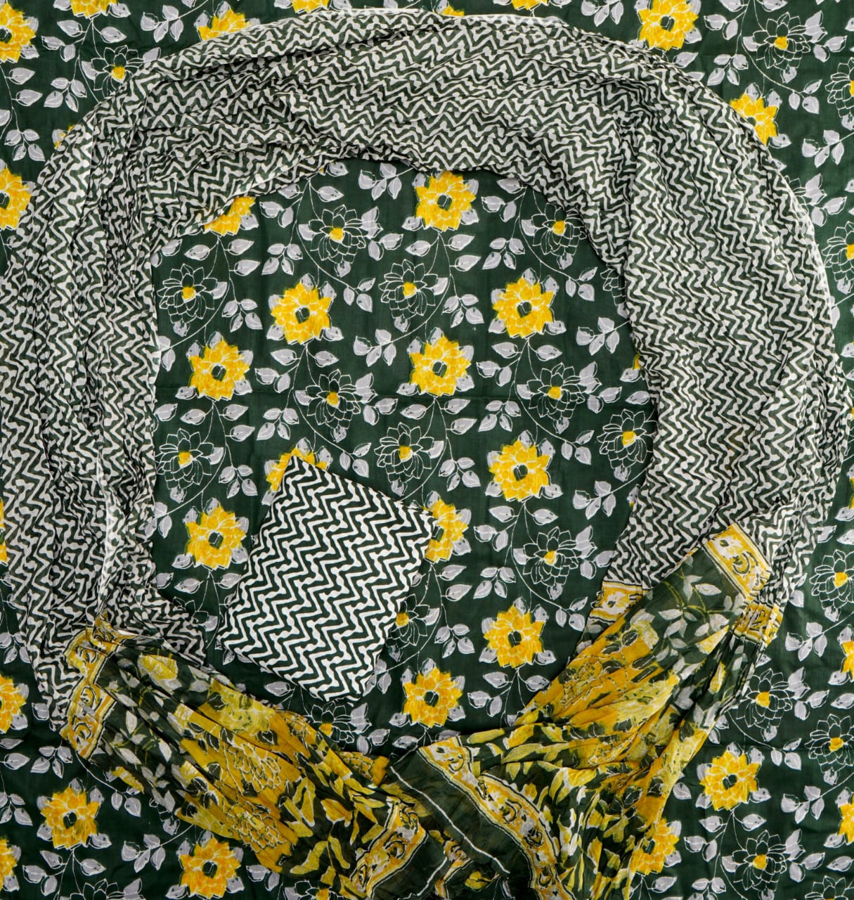 Hand Printed Unstiched Cotton Suit With Mulmul Dupatta