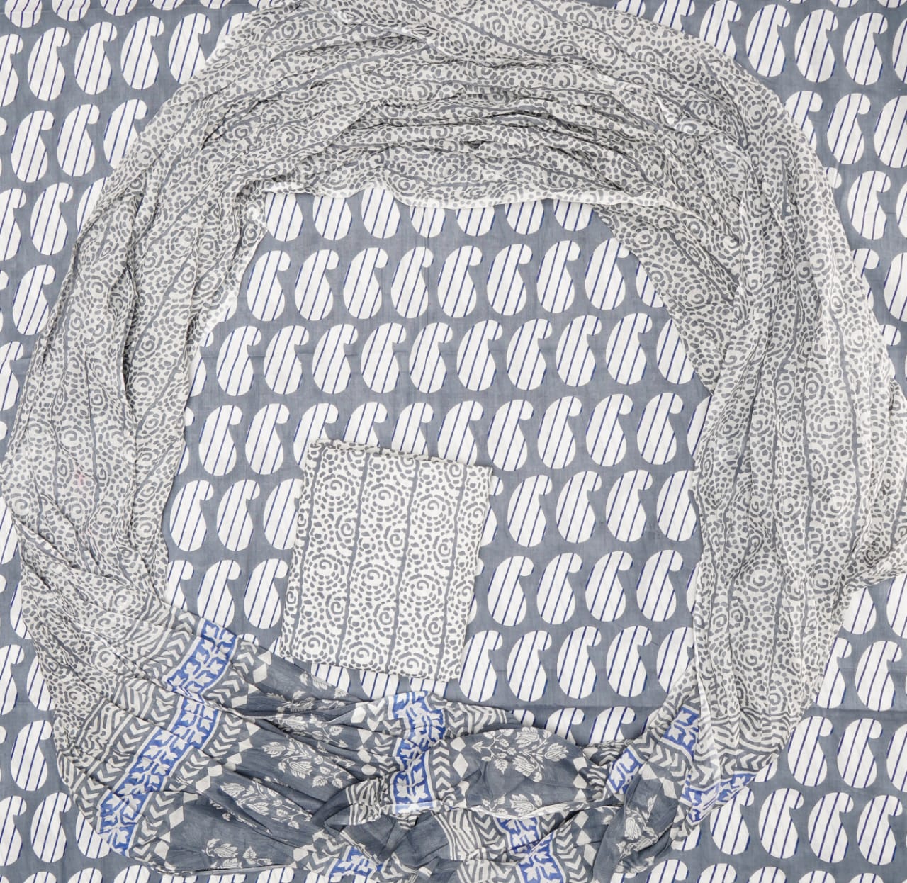 Hand Printed Unstiched Cotton Suit With Mulmul Dupatta