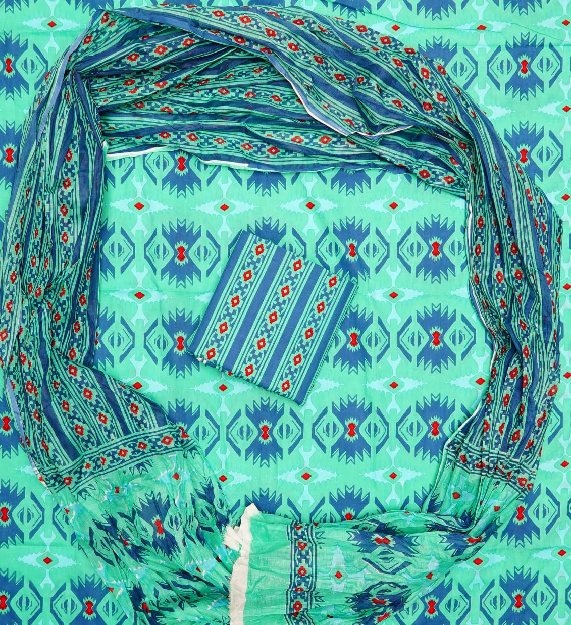 Hand Printed Unstiched Cotton Suit With Mulmul Dupatta Set