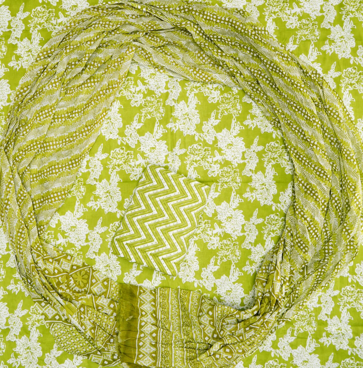 Hand Printed Unstiched Cotton Suit With Mulmul Dupatta