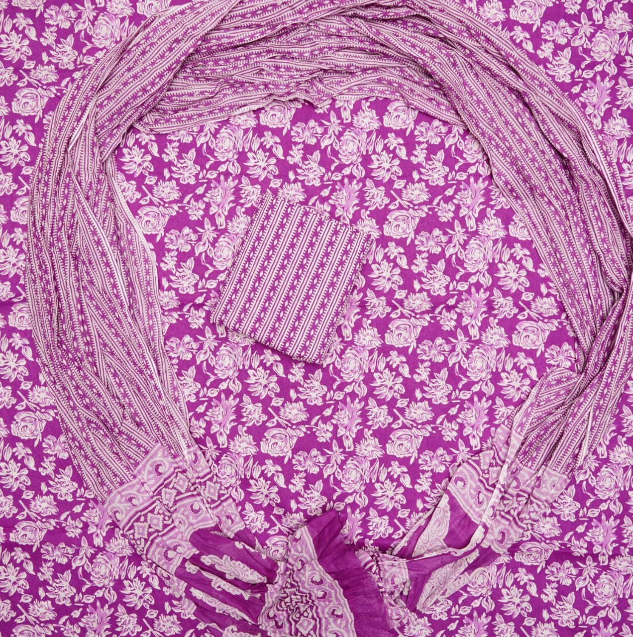 Hand Printed Unstiched Cotton Suit With Mulmul Dupatta Set