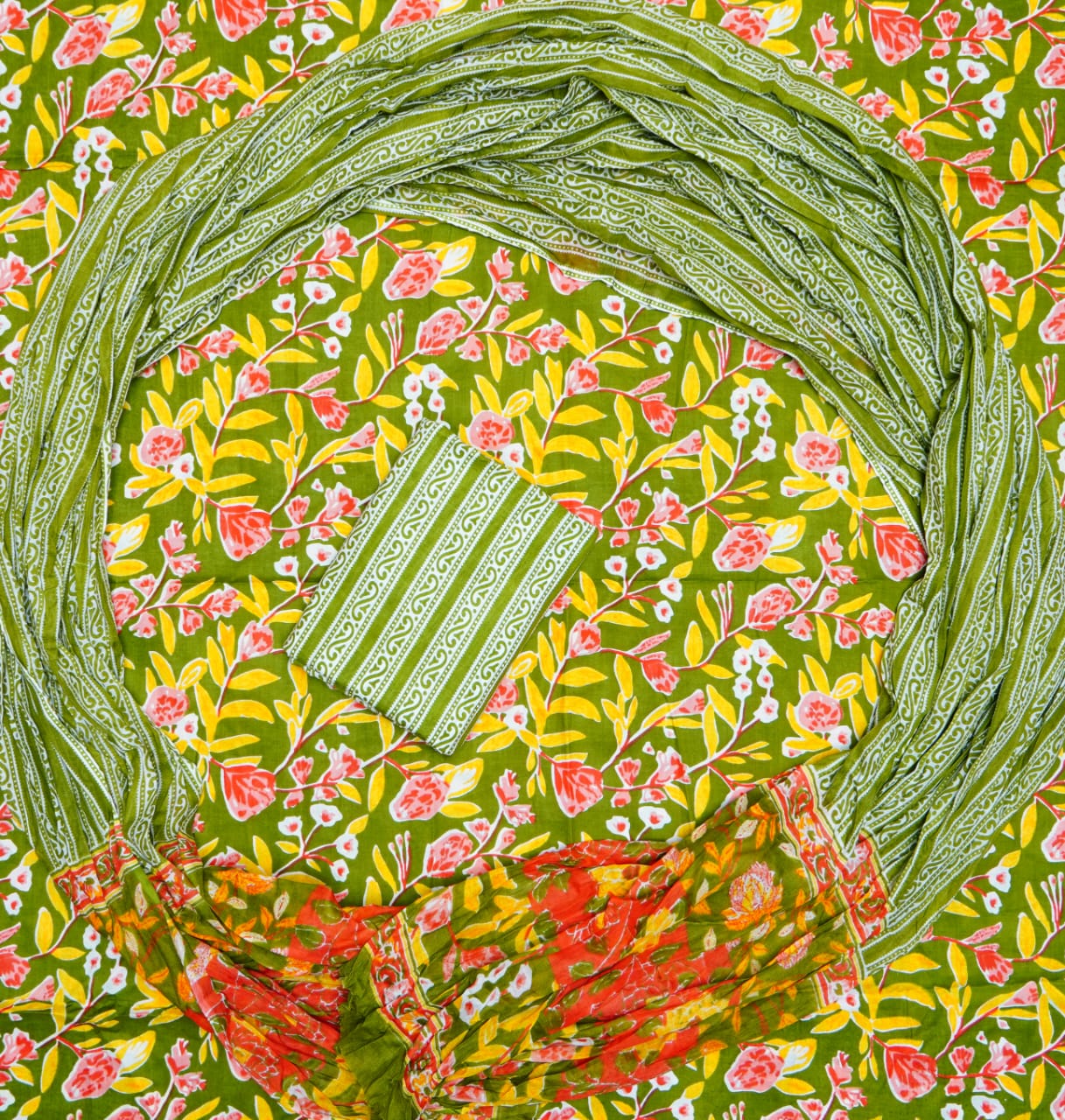 Hand Printed Unstiched Cotton Suit With Mulmul Dupatta