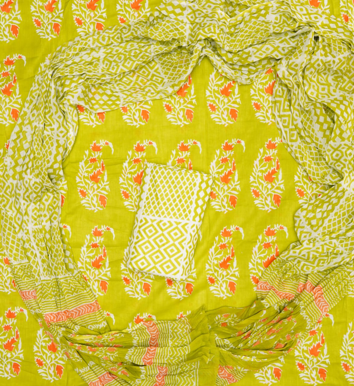 Hand Printed Unstiched Cotton Suit With Mulmul Dupatta