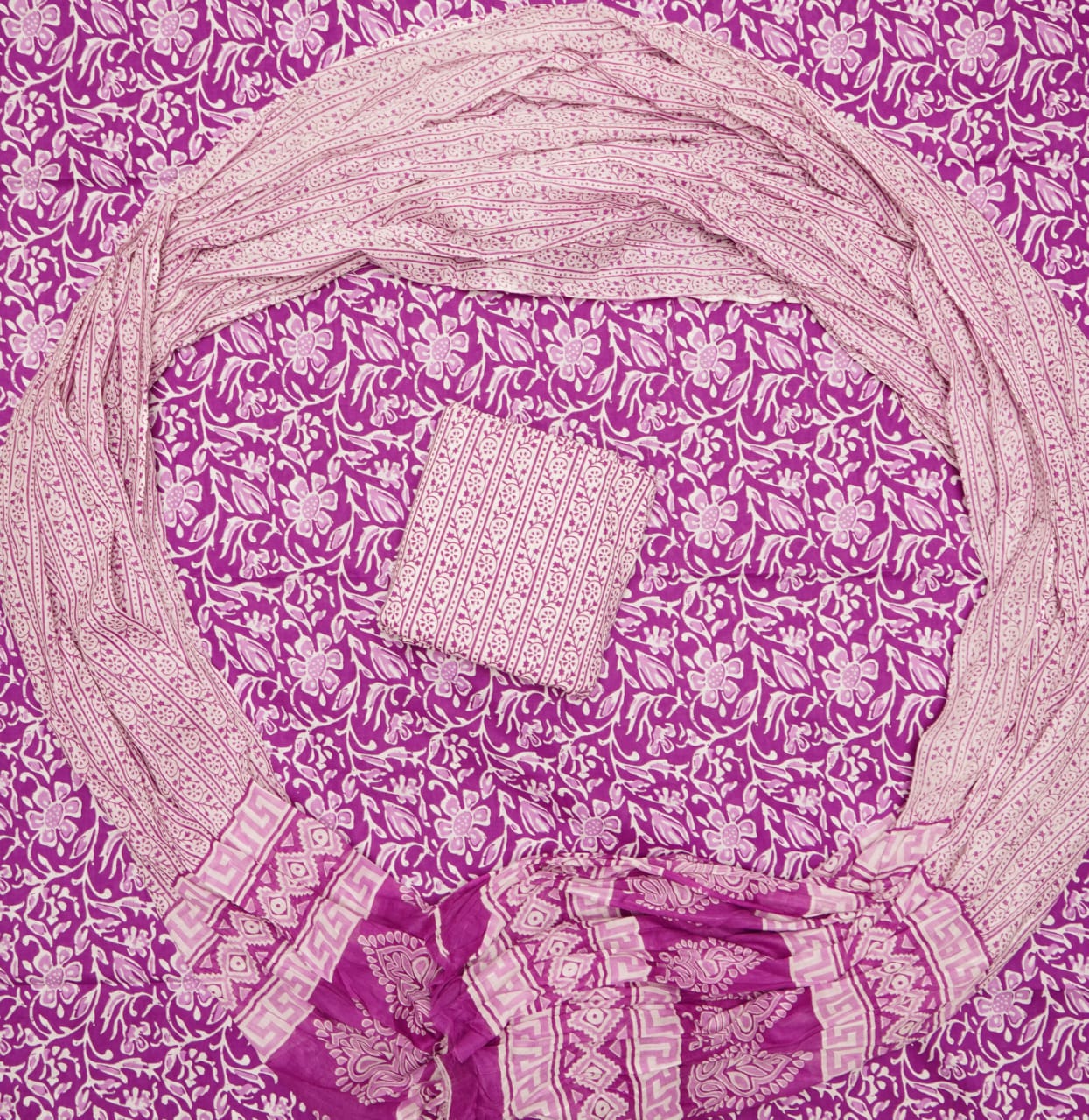 Hand Printed Unstiched Cotton Suit With Mulmul Dupatta Set