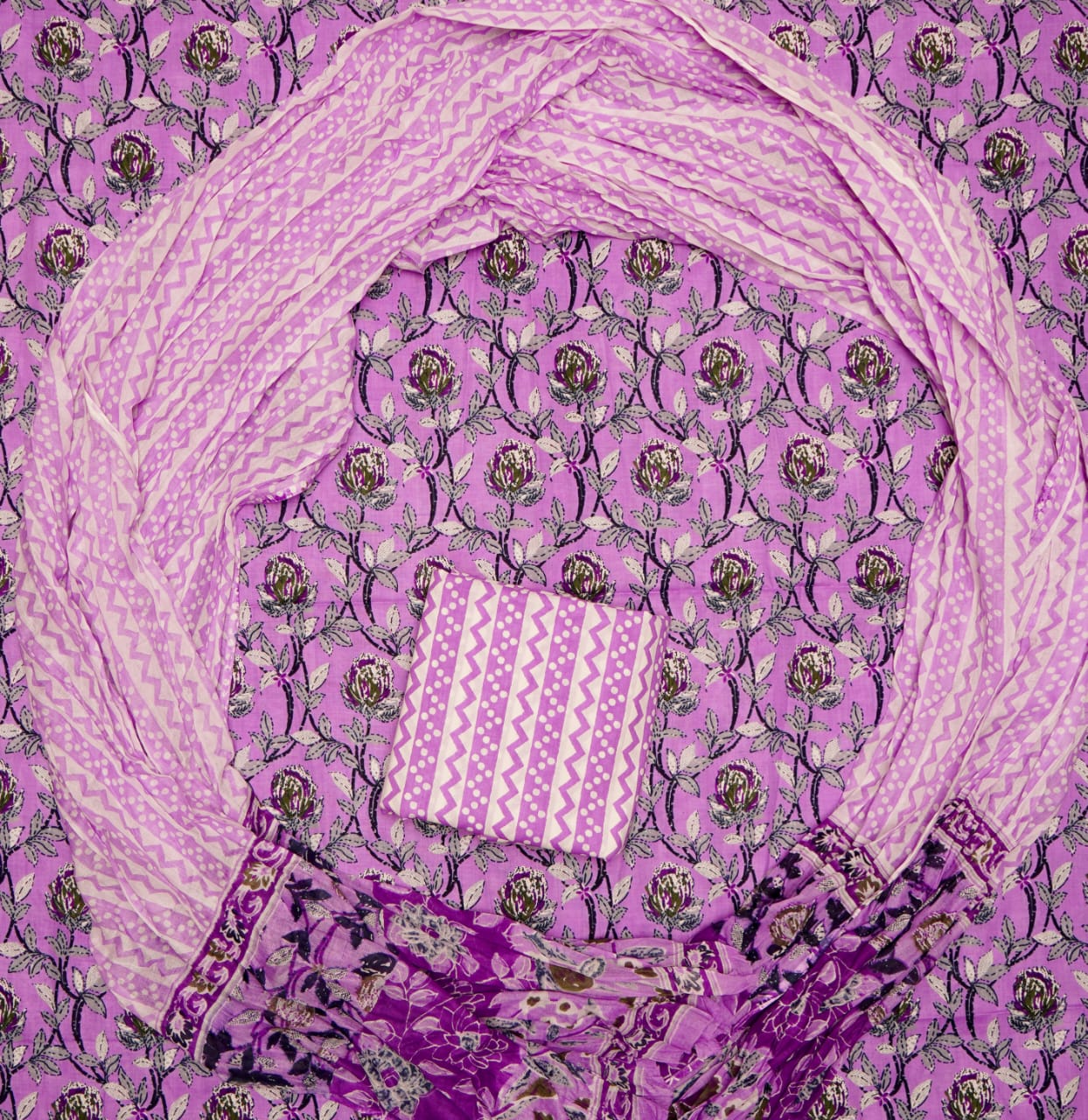 Hand Printed Unstiched Cotton Suit With Mulmul Dupatta Set