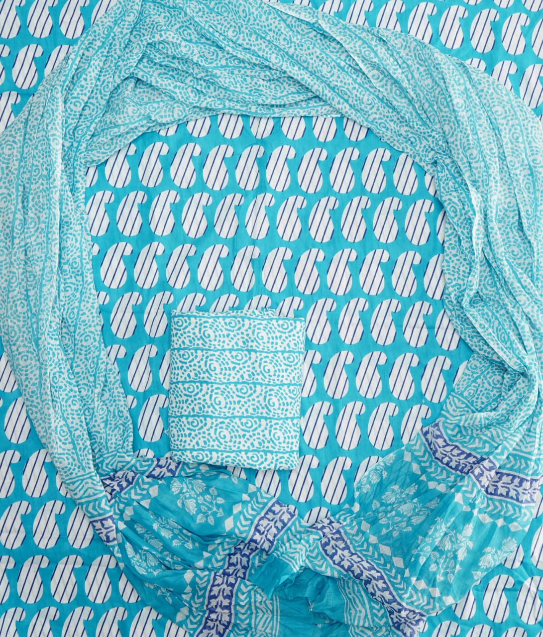 Hand Printed Unstiched Cotton Suit With Mulmul Dupatta