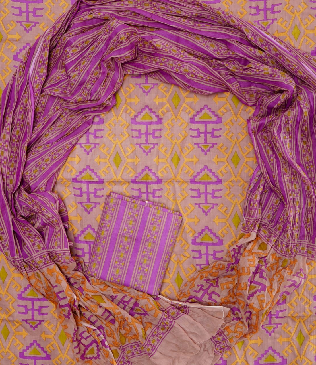 Hand Printed Unstiched Cotton Suit With Mulmul Dupatta